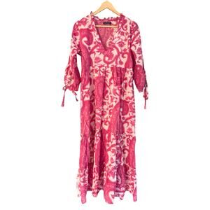 La Plage Pink White Midi Dress V Neck Tiered Feminine Romantic Cottage Flowy M